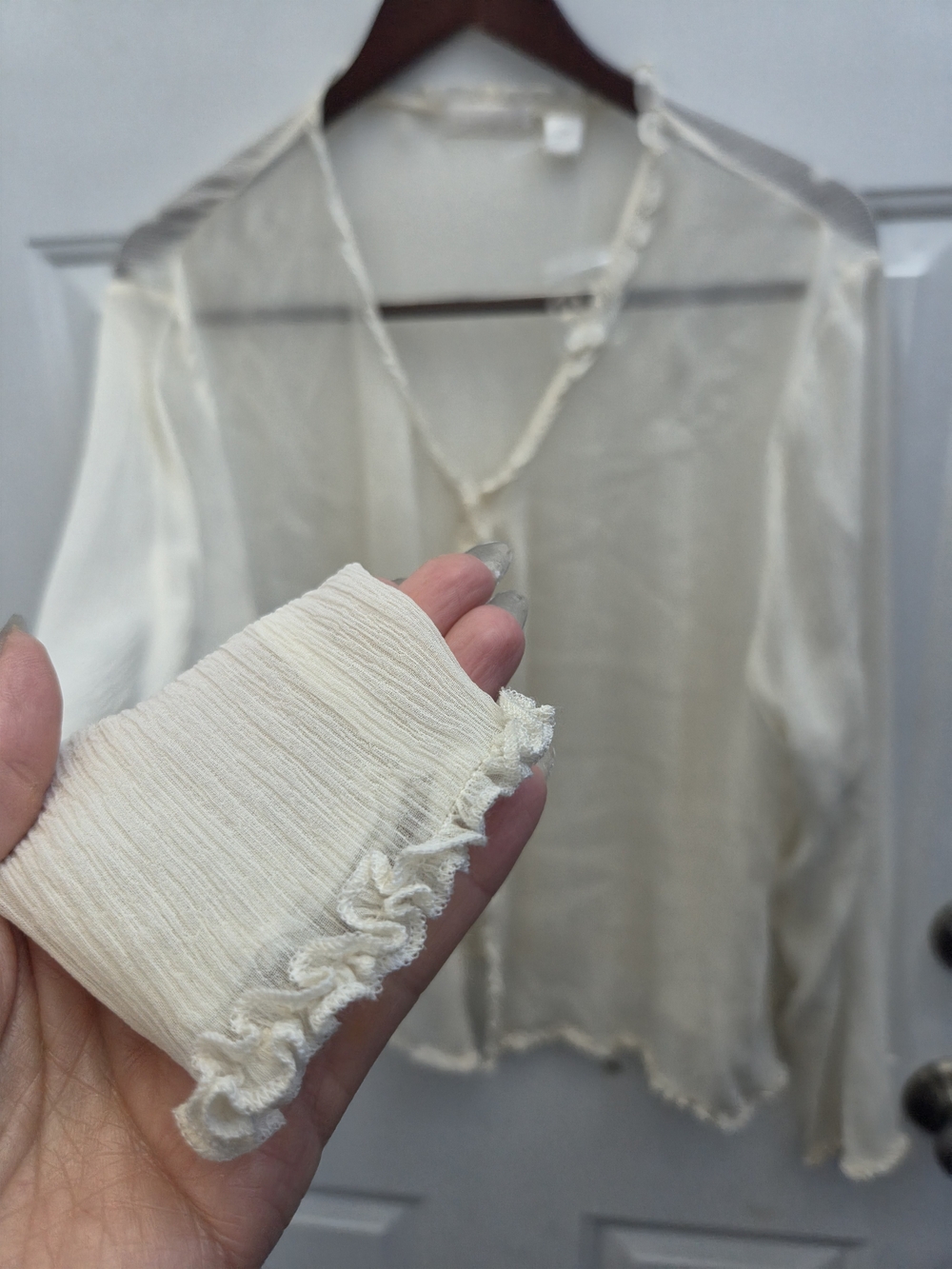 Sheer Ruffle-Trim Blouse - Cream - Picture 6 of 11